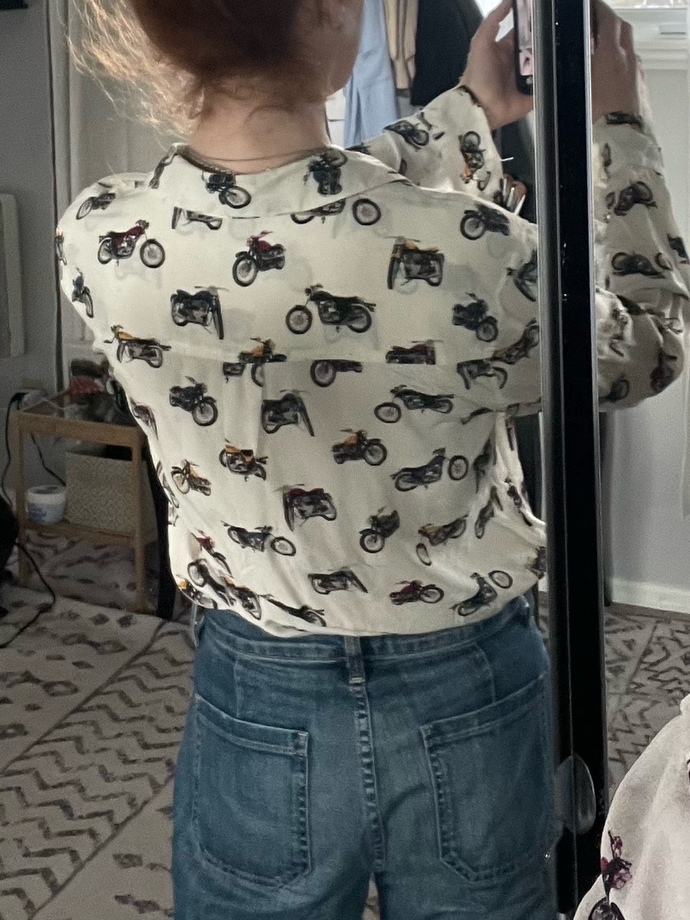Equipment Cream Blouse with Black and Yellow Motorcycle Print - Picture 4 of 11